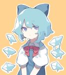  1girl blue_bow blue_dress blue_eyes blue_hair bow cirno cirno_day closed_mouth collared_shirt detached_wings dress fairy garasuno hair_bow highres ice ice_wings orange_background shirt short_hair short_sleeves simple_background solo touhou upper_body white_shirt wings 