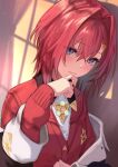  1girl absurdres ange_katrina black_coat blue_eyes closed_mouth coat hair_intakes hair_ornament hand_up highres indoors kuro_shiraga looking_at_viewer nijisanji off_shoulder red_hair red_sweater shirt short_hair solo sweater upper_body virtual_youtuber white_shirt window_shade 