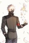  1boy armband ayu137700 bird black_gloves black_pants black_shirt brown_eyes fingerless_gloves flower gloves hair_between_eyes hand_in_pocket hatake_kakashi highres holding male_focus mask naruto_(series) pants shirt solo spiked_hair white_background white_flower white_hair 