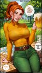  1girl absurdres alcohol arm_support aroma_sensei beer beer_mug belt bench blue_sky bralines breasts cup english_text freckles grass green_eyes green_pants highres jewelry large_breasts lips looking_at_viewer mug necklace orange_hair pants paper pencil ponytail ring robin_(stardew_valley) sitting sky smile solo speech_bubble stardew_valley tree wood 