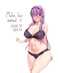  1girl absurdres arm_behind_back black_bra bra breasts doki_doki_literature_club frilled_bra frills hair_intakes highres large_breasts lingerie long_hair looking_to_the_side meme navel parted_lips purple_eyes purple_hair solo twitter_strip_game_(meme) underwear yudsnuts yuri_(doki_doki_literature_club) 