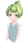  1girl brown_eyes child closed_mouth collarbone dress green_dress green_hair highres looking_at_viewer original preamy_kyuushi short_hair simple_background sleeveless sleeveless_dress solo upper_body white_background 