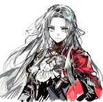  1girl ascot black_jacket cape closed_mouth edelgard_von_hresvelg fire_emblem fire_emblem:_three_houses hair_ribbon highres jacket long_sleeves looking_at_viewer purple_eyes purple_ribbon red_cape remsrar ribbon simple_background smile solo upper_body white_ascot white_background white_hair 