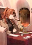  1girl aircraft airplane arisugawa_natsuha black_sweater brown_coat coat cup dangle_earrings drinking_glass earrings eyewear_on_head food highres idolmaster idolmaster_shiny_colors jewelry looking_outside napkin open_clothes open_coat orange_hair plate ponytail scrunchie sitting solo sweater table turtleneck turtleneck_sweater window wine_glass zhili_xingzou 