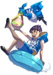  1boy :d alternate_costume ball beachball bird bright_pupils commentary_request cramorant dark-skinned_male dark_skin from_side highres holding hood hop_(pokemon) knees_together_feet_apart komame_(st_beans) male_focus male_swimwear open_mouth pokemon pokemon_(creature) pokemon_(game) pokemon_swsh sandals short_hair sitting smile swim_trunks tassel teeth tongue upper_teeth_only water white_background white_pupils yellow_eyes zipper zipper_pull_tab 