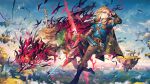  2boys aura blonde_hair boots bow_(weapon) cloak cloud dual_persona floating_island glowing_arm holding holding_sword holding_weapon link midair multiple_boys pointy_ears scorpion5050 serious sword the_legend_of_zelda the_legend_of_zelda:_tears_of_the_kingdom weapon 