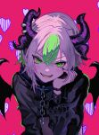  1girl black_hoodie black_nails blush bracelet bsapricot_(vtuber) bsapricot_(vtuber)_(8th_costume) chain cropped_hoodie demon_girl demon_horns demon_wings eyeshadow fangs green_eyes green_hair hand_on_own_face heart highres hood hoodie horns jewelry long_sleeves looking_at_viewer makeup mochimochi_589 multicolored_hair multiple_horns pink_background purple_horns smile solo streaked_hair teeth virtual_youtuber vshojo white_hair wings 