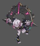  1girl :d absurdres ahoge bent_over briar_(league_of_legends) colored_sclera colored_skin fingernails full_body grey_background grey_hair hair_between_eyes highres league_of_legends long_hair multicolored_hair open_mouth pink_hair pointy_ears red_sclera sharp_fingernails sharp_teeth sidelocks simple_background smile solo strawb_eri_jamm streaked_hair teeth toeless_legwear toenails toes two-tone_hair vampire white_eyes wrist_cuffs 