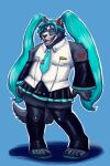  2:3 adastra adastra_(series) alexyorim amicus_(adastra) blue_background blue_eyes canid canine canis cosplay echo_project fur grey_body grey_fur hatsune_miku hi_res male mammal simple_background solo solo_focus turquoise_hair turquoise_necktie vocaloid white_muzzle wolf 