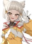  1girl animal_ear_fluff animal_ears blush bodysuit brown_eyes commentary_request facial_mark fang gloves grey_hair hand_up long_sleeves mia_cbx nia_(xenoblade) puffy_long_sleeves puffy_sleeves short_hair simple_background sleeves_past_wrists smile solo upper_body white_background white_gloves xenoblade_chronicles_(series) xenoblade_chronicles_2 yellow_bodysuit 