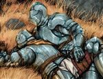  2others ambiguous_gender armor breastplate brown_gloves full_armor gauntlets gloves greaves helm helmet highres knight liam_w. lying multiple_others on_back original outdoors pauldrons plate_armor plume rock shoulder_armor wheat 