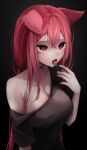  1girl animal_ears black_background breasts choker dog_ears dog_girl hair_between_eyes highres hiroside large_breasts long_hair original piercing red_eyes red_hair saliva solo tongue tongue_out tongue_piercing twintails upper_body 