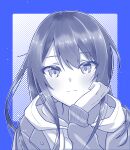  1girl :| absurdres blue_border blush border closed_mouth dot_nose hair_between_eyes halftone hand_on_own_cheek hand_on_own_face head_rest highres hood hoodie idoly_pride jacket long_hair long_sleeves looking_at_viewer monochrome nagase_kotono open_clothes open_jacket outside_border pocosaaaan_ip raised_eyebrows sidelocks simple_background sleeve_cuffs smile solo straight-on upper_body white_background 