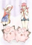 2girls :d asuka_rkgk blue_overalls brown_hair buttons clefairy closed_eyes hand_up hands_up happy hat heart jacket knees long_hair lyra_(pokemon) multiple_girls open_mouth overalls pink_hair pokemon pokemon_(creature) pokemon_(game) pokemon_hgss shirt shorts smile socks standing thighhighs twintails white_headwear white_jacket whitney_(pokemon) wristband 
