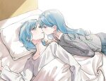  2girls aqua_hair bang_dream! blue_pants commentary eye_contact green_eyes grey_sweater hair_between_eyes highres hikawa_hina hikawa_sayo imminent_kiss incest knit_sweater long_hair long_sleeves looking_at_another medium_hair multiple_girls on_bed open_mouth pants pillow shirt siblings sisters sunlight sweater twincest twins under_covers white_background white_shirt yuri zihacheol 