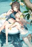  2girls absurdres afloat anmi ass back bare_legs bare_shoulders barefoot bikini black_hair blonde_hair blue_bikini blush breasts brown_eyes closed_mouth day dress flower from_above green_eyes hair_flower hair_ornament half_updo highres innertube long_hair looking_at_viewer looking_up multiple_girls navel open_mouth original outdoors partially_submerged shoulder_blades sideboob smile swimsuit water white_dress 