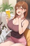  1girl ^_^ absurdres alcohol animal bare_shoulders beer blush breasts brown_camisole brown_hair bubble_beard camisole cat cleavage closed_eyes collarbone couch cup dolphin_shorts highres holding holding_cup indoors large_breasts mole mole_on_armpit mole_under_eye ol-chan_(udon) on_couch original pink_shorts short_shorts shorts sitting smile solo udon_(udonalium) 