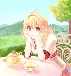  1girl ahoge blonde_hair bow closed_mouth cup dress eyelashes fingernails hands_on_own_face idolish7 outdoors red_eyes ribbon ryonmaru short_hair smile solo striped striped_ribbon takanashi_tsumugi tea_party teacup teapot tree waist_bow 