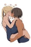  2girls blonde_hair blue_eyes blue_one-piece_swimsuit breasts dark-skinned_female dark_skin french_kiss height_difference highres hug interracial kiss large_breasts lifting_person long_hair looking_at_another m_k multiple_girls one-piece_swimsuit original ponytail profile red_eyes short_hair simple_background small_breasts sweat swimsuit tongue tongue_out wet white_background yuri 