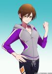  1girl brown_hair fitness_boxing grey_jacket highres jacket lin_(fitness_boxing) onomari546 purple_jacket yellow_eyes 