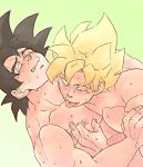  2boys bara black_hair blonde_hair blush clone dragon_ball dragon_ball_z harunkea highres large_pectorals licking_pectoral male_focus multiple_boys muscular muscular_male nipples pectorals short_hair son_goku spiked_hair super_saiyan super_saiyan_1 sweat tongue tongue_out yaoi 