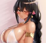  1girl armlet azur_lane backless_dress backless_outfit bare_shoulders black_hair blush breasts brown_eyes dark-skinned_female dark_skin dress duplicate earrings hair_between_eyes jewelry large_breasts long_hair looking_at_viewer one_eye_closed parted_lips paundo2 pixel-perfect_duplicate solo south_dakota_(azur_lane) south_dakota_(solo_concert)_(azur_lane) white_dress 