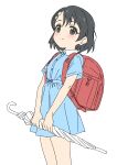  1girl backpack bag black_eyes black_hair blue_dress crime_prevention_buzzer dress female_child highres idolmaster idolmaster_cinderella_girls randoseru sasaki_chie short_sleeves simple_background sincos smile solo standing umbrella white_background 