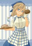  1girl absurdres ahoge alternate_costume apron blonde_hair blue_apron blue_bow blue_bowtie blue_skirt bow bowtie bread breasts checkered_apron checkered_clothes employee_uniform food gingham gingham_apron gingham_skirt glasses green_eyes head_scarf high-waist_skirt highres i-8_(kancolle) kantai_collection kobeya_uniform large_breasts long_hair looking_at_viewer low_twintails plaid plaid_apron pleated_shirt pot-de red-framed_eyewear semi-rimless_eyewear shirt short_sleeves skirt smile solo tray tri_tails twintails uniform waitress white_shirt 