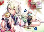  1girl absurdres blurry blurry_background braid breasts bug butterfly ceres_fauna chestnut_mouth cleavage flower food fruit green_flower green_hair hair_between_eyes hair_flower hair_ornament highres holding holding_food holding_fruit hololive hololive_english horns komeshiro_kasu large_breasts long_hair long_sleeves looking_at_viewer lying mole mole_under_eye on_side parted_lips scan thighhighs virtual_youtuber white_flower white_thighhighs wide_sleeves yellow_eyes 