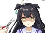  1girl 1other absurdres ahoge animal_ears black_hair blue_shirt brown_eyes closed_mouth collarbone cut_bangs ears_down goom_(goomyparty) highres holding horse_ears long_hair manhattan_cafe_(umamusume) out_of_frame school_uniform scissors shaded_face shirt simple_background solo_focus sweat tracen_school_uniform trembling twitter_username umamusume upper_body white_background 