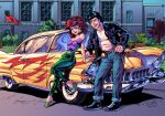  1boy 1girl absurdres ariel_(disney) bare_shoulders belt black_footwear black_hair black_jacket car cdubbart collaboration crossover denim earrings english_commentary eric_(disney) grease_(musical) green_pants high_heels highres inker-guy jacket jeans jeremiah_skipper jewelry looking_at_viewer medium_hair motor_vehicle open_clothes open_jacket open_mouth outdoors pants purple_shirt red_hair shell shell_earrings shirt teeth the_little_mermaid upper_teeth_only western_comics_(style) white_shirt 
