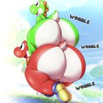  1:1 2023 absurd_res ambiguous_gender anthro big_butt biped butt clothing dammabems digital_media_(artwork) duo footwear green_yoshi hi_res huge_butt hyper hyper_butt mario_bros nintendo nude onomatopoeia open_mouth rear_view red_yoshi shoes simple_background smile sound_effects text thick_thighs wide_hips yoshi 