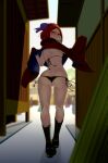  1girl absurdres ass blue_bow blurry blurry_foreground boots bow breasts butt_crack cape clenched_teeth day depth_of_field embarrassed from_behind full_body hair_bow hi_you_(flying_bear) highres looking_at_viewer looking_back outdoors people perspective public_indecency red_cape red_eyes red_hair sekibanki shadow short_hair small_breasts solo_focus teeth touhou 