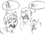  4:3 anon_(snoot_game) anthro bald ceratopsian clenched_teeth dialogue dinosaur duo female goodbye_volcano_high human male mammal monochrome open_mouth ornithischian reptile scalie simple_background snoot_game speech_bubble teeth triceratops trish_(gvh) unknown_artist 