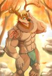  abs anthro antlers bottomwear bulge clothing deer green_eyes hair hi_res horn loincloth male mammal muscular muscular_anthro muscular_male pecs plant silvertain solo tree 