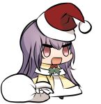  1girl chibi dress hat highres kimi_to_kanojo_to_kanojo_no_koi. koyomi meme nitroplus padoru_(meme) purple_hair red_eyes sack santa_dress santa_hat solo sone_miyuki white_background 