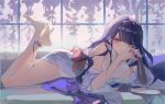  1girl bare_legs blunt_bangs breasts commentary_request genshin_impact highres large_breasts long_hair looking_at_viewer lying on_stomach purple_eyes purple_hair purple_nails raiden_shogun red_sash sash solo thighs yutou_(yutou75) 
