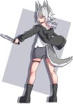  1girl absurdres animal_ear_fluff animal_ears bare_shoulders black_footwear black_jacket blush boots camisole closed_mouth commentary_request drop_shadow eyes_visible_through_hair from_behind full_body grey_background grey_hair grey_shorts highres holding holding_knife hood hood_down hooded_jacket jacket knife kuroyuri_(sakurayuki_lily) multicolored_hair off_shoulder open_clothes open_jacket original profile short_shorts shorts skindentation solo standing tail two-tone_background two-tone_hair white_background white_camisole white_hair 