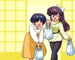  2girls bag bow happy kuonji_ukyou long_skirt multiple_girls one_eye_closed ranma_1/2 ribbon shopping_bag short_hair skirt tendou_akane wanta_(futoshi) white_bow yellow_skirt 