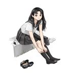  1girl black_eyes black_footwear black_hair black_sailor_collar black_skirt black_socks food grass headphones headphones_removed highres long_hair looking_at_viewer onigiri original pleated_skirt rinotuna sailor_collar shirt shoes shoes_removed short_sleeves sitting skirt socks solo white_background white_shirt 