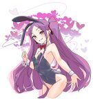  1girl animal_ears bare_shoulders bow bowtie breasts detached_collar fake_animal_ears fate/grand_order fate_(series) grin heart highres long_hair niwaikanai purple_eyes purple_hair rabbit_ears rabbit_tail simple_background smile solo tail very_long_hair white_background wrist_cuffs wu_zetian_(fate) 