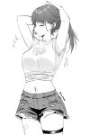  1girl absurdres armpits arms_up blush breasts character_request copyright_request cowboy_shot crop_top cutoffs greyscale highres medium_breasts midriff monochrome navel parted_lips pinnn ponytail short_shorts shorts simple_background solo standing stomach thigh_strap thighs white_background 