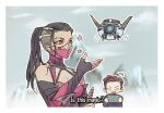  +++ 1boy 1girl bare_shoulders black_gloves black_hair bodysuit breasts cleavage closed_eyes controller drone english_commentary english_text fingerless_gloves gloves hgretia holding holding_controller johnny_cage long_hair mask mileena mortal_kombat_(series) mortal_kombat_1_(2023) mouth_mask ninja ninja_mask open_mouth outdoors outline ponytail scar scar_on_face short_hair snowing undercut upper_body v-shaped_eyebrows white_outline 