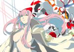  1girl breasts closed_mouth coat coat_on_shoulders darling_in_the_franxx eyelashes eyeliner frown green_eyes hair_between_eyes hair_censor hairband horns innfiniti large_breasts long_hair makeup mecha nude open_clothes open_coat pink_hair red_horns robot strelizia very_long_hair white_background white_hairband zero_two_(darling_in_the_franxx) 