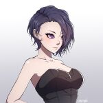  1girl bare_shoulders black_shirt breasts cleavage commentary_request fire_emblem fire_emblem:_three_houses gradient_background grey_background highres large_breasts purple_eyes purple_hair shamir_nevrand shirt short_hair smkittykat solo strapless strapless_shirt upper_body 
