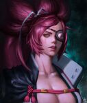  1girl absurdres baiken big_hair black_jacket black_kimono breasts cleavage eyepatch facial_tattoo guilty_gear guilty_gear_strive hair_ribbon highres jacket jacket_on_shoulders japanese_clothes kimono large_breasts long_hair looking_at_viewer one-eyed open_clothes open_kimono parted_lips pink_hair ponytail red_eyes ribbon samurai scar scar_across_eye scar_on_face tattoo white_ribbon yc_yorkchow 