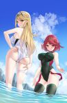  2girls absurdres adjusting_clothes adjusting_swimsuit ass bare_arms bare_shoulders black_one-piece_swimsuit black_thighhighs blonde_hair blue_sky blush breasts brown_eyes cliff closed_mouth cloud competition_swimsuit covered_navel day groin headpiece highres impossible_clothes impossible_swimsuit jewelry large_breasts long_hair looking_at_viewer looking_back matrix16 multiple_girls mythra_(radiant_beach)_(xenoblade) mythra_(xenoblade) neon_trim official_alternate_costume one-piece_swimsuit outdoors paid_reward_available pyra_(pro_swimmer)_(xenoblade) pyra_(xenoblade) red_hair short_hair sky smile sweat swept_bangs swimsuit thigh_strap thighhighs thighs tiara very_long_hair wading water xenoblade_chronicles_(series) xenoblade_chronicles_2 yellow_eyes 