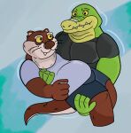  2023 absurd_res alligator alligatorid anthro bottomwear brok_(character) brok_the_investigator carrying clothing crocodilian cute_fangs dr._mink duo green_body hi_res humanoid_hands male male/male mammal melonca53654294 mink musclegut mustelid musteline reptile scalie shirt shorts slightly_chubby topwear true_musteline 