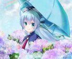  1girl blue_flower blue_hair blue_headwear blue_ribbon blue_theme blue_umbrella blush character_name closed_mouth commentary_request commission day eyelashes eyes_visible_through_hair flower garden green_eyes hair_between_eyes hair_ribbon holding holding_umbrella hoshino_yumemi leaf long_hair looking_at_viewer low_twintails micchi_(koto_maple) necktie outdoors planetarian purple_flower rainbow red_necktie ribbon robot_ears skeb_commission smile solo twintails umbrella upper_body 