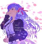  1girl adjusting_hair buttons character_name cherry_blossoms collarbone dated dress eyelashes falling_petals fate/stay_night fate_(series) from_side hair_ribbon hal_(haaaalhal) happy_birthday highres jacket long_hair long_sleeves matou_sakura petals pink_ribbon purple_eyes purple_hair purple_jacket ribbon signature sitting very_long_hair white_background white_dress 